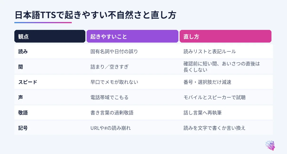 読み、間、スピード、声、敬語、固有名詞ごとの不自然さと直し方の比較