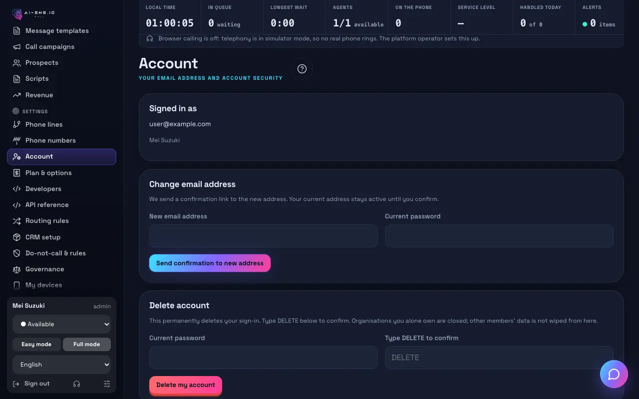 Il modulo per cambiare l’indirizzo email nella pagina Account.