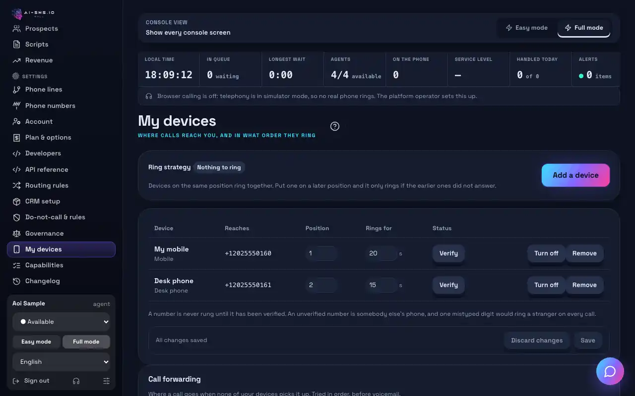 A tela Atender chamadas no navegador no computador