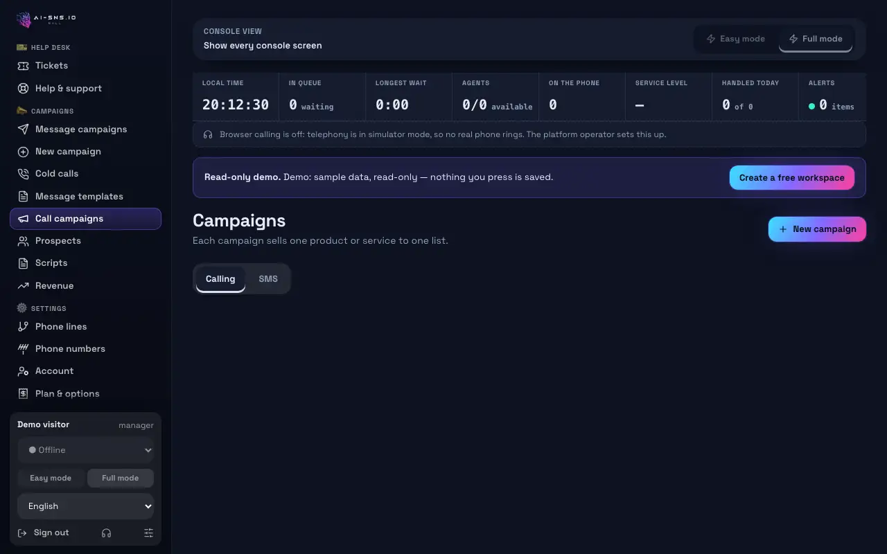 Campagne di chiamate con le schede In chiamata e SMS e le schede delle campagne con potenziali clienti, chiamate, vendite e avanzamento di oggi.