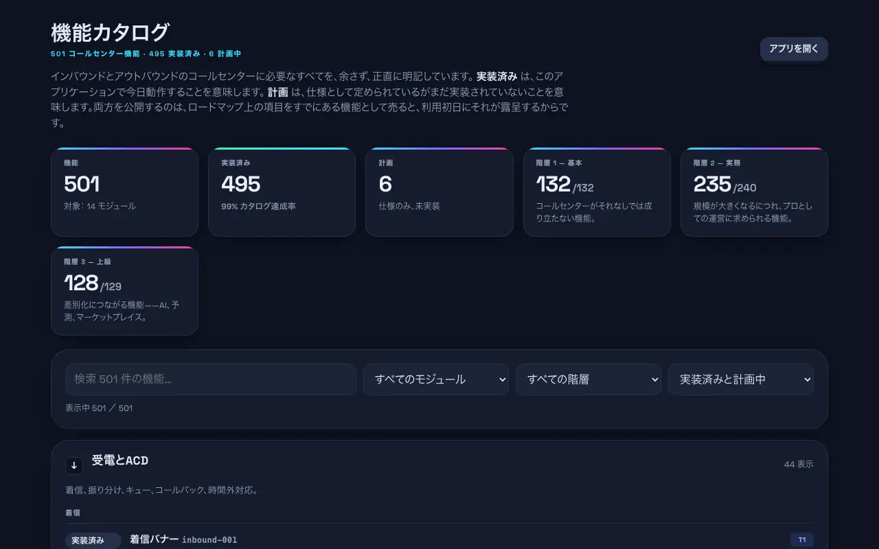 件数、絞り込み、実装済み・計画中の印がある機能カタログ