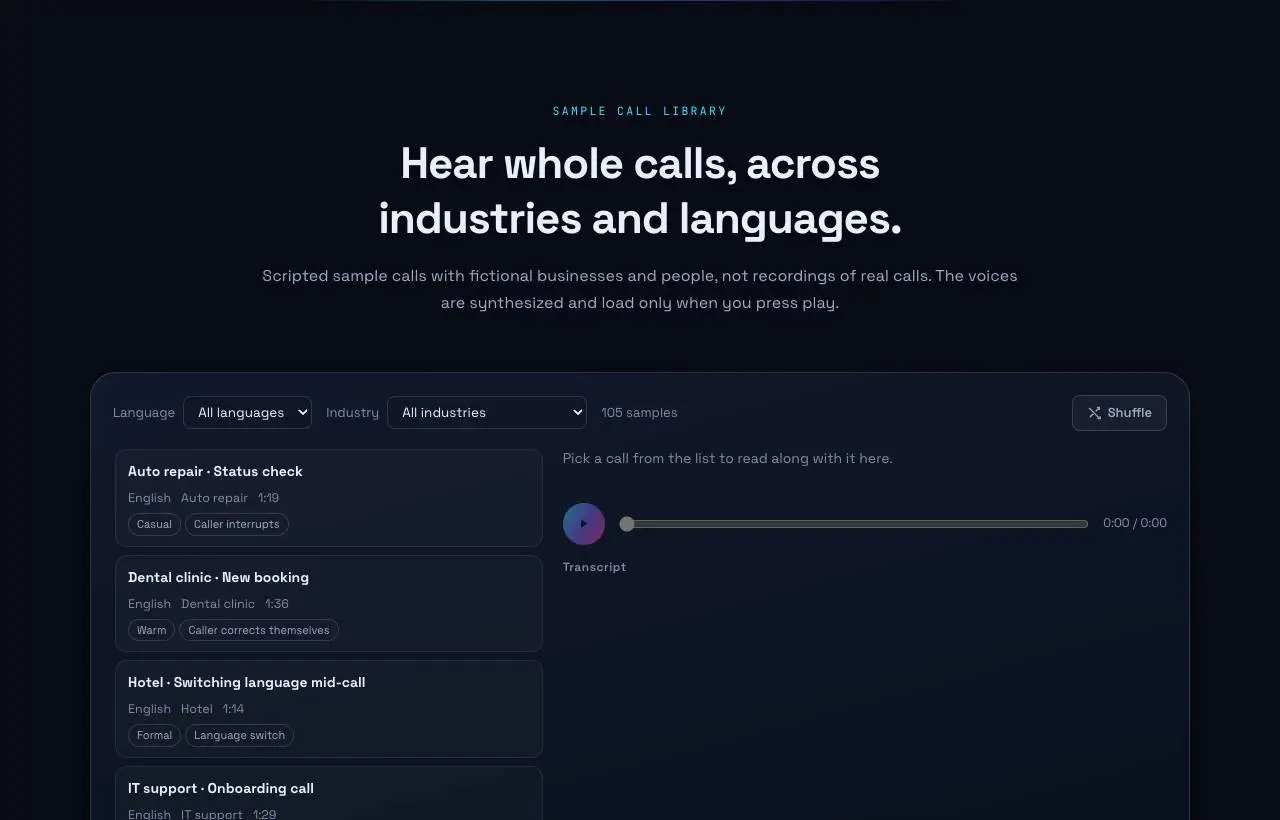 Pustaka contoh panggilan di halaman beranda dengan filter, pemutar, dan transkrip.