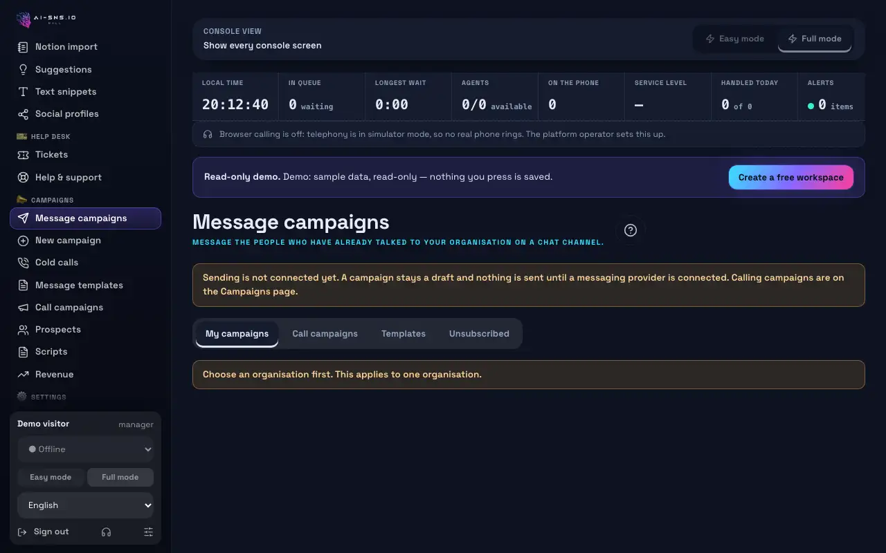 Kempen mesej dengan sepanduk status, empat tab dan bilangan kempen.