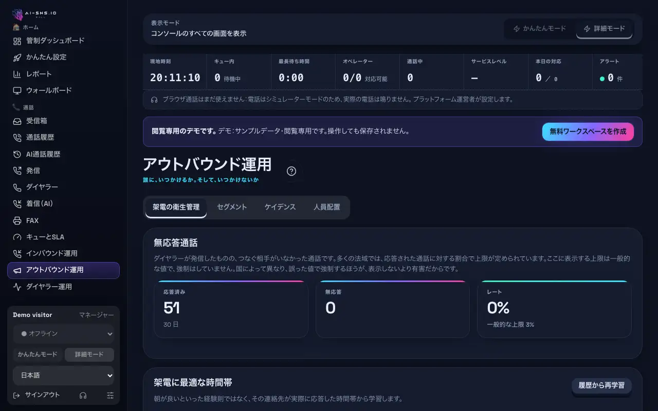 アウトバウンド運用：「架電の衛生管理」「セグメント」「ケイデンス」「人員配置」の4つのタブ。