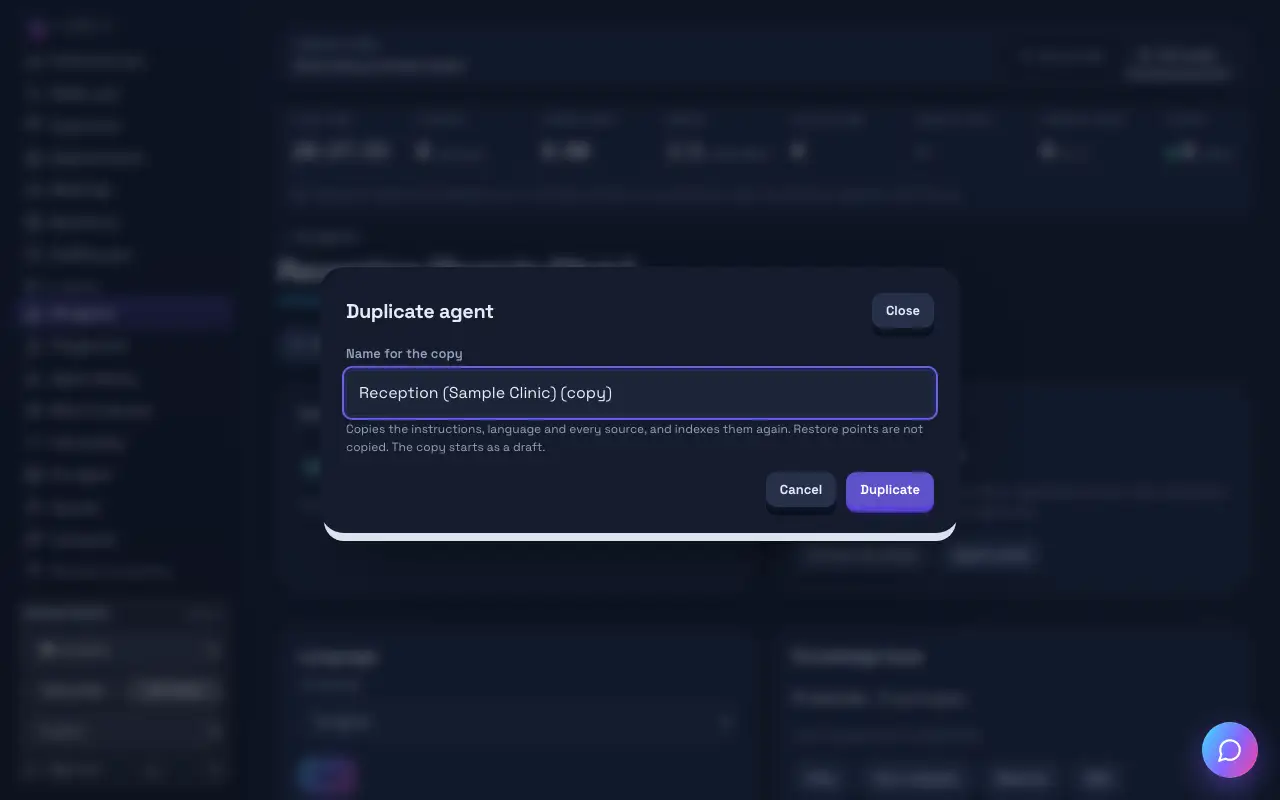 Redenumirea sau duplicarea unui agent: ecranul pe computer