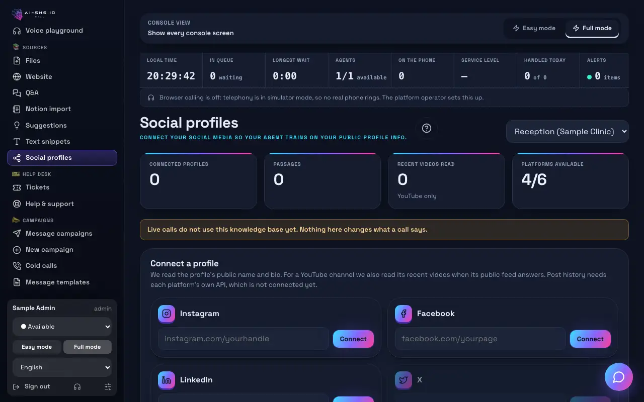Halaman Profil sosial: jubin, Sambungkan profil dengan setiap platform, dan Profil yang disambungkan