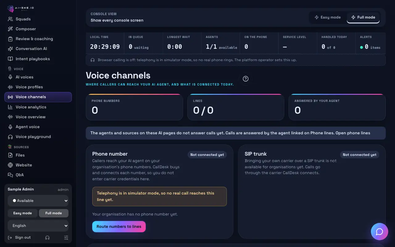 Canali vocali con i riquadri e le schede Numero di telefono, Trunk SIP, Widget vocale web, Voce WhatsApp e Telefono (PSTN)